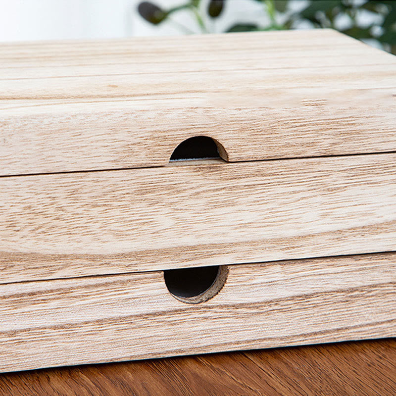 Retro Beige Paulownia Wood Two-Layer Jewelry Storage Box with Mirror