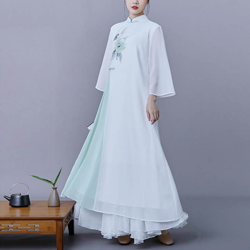 Flowing Chiffon Floral Midi Dress and Skirt Zen Meditation Set