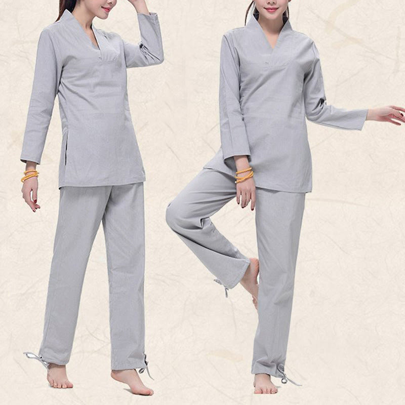 Zen Practice Yoga Meditation Prayer V-neck Design Uniform Cotton Linen Clothing Women's Set