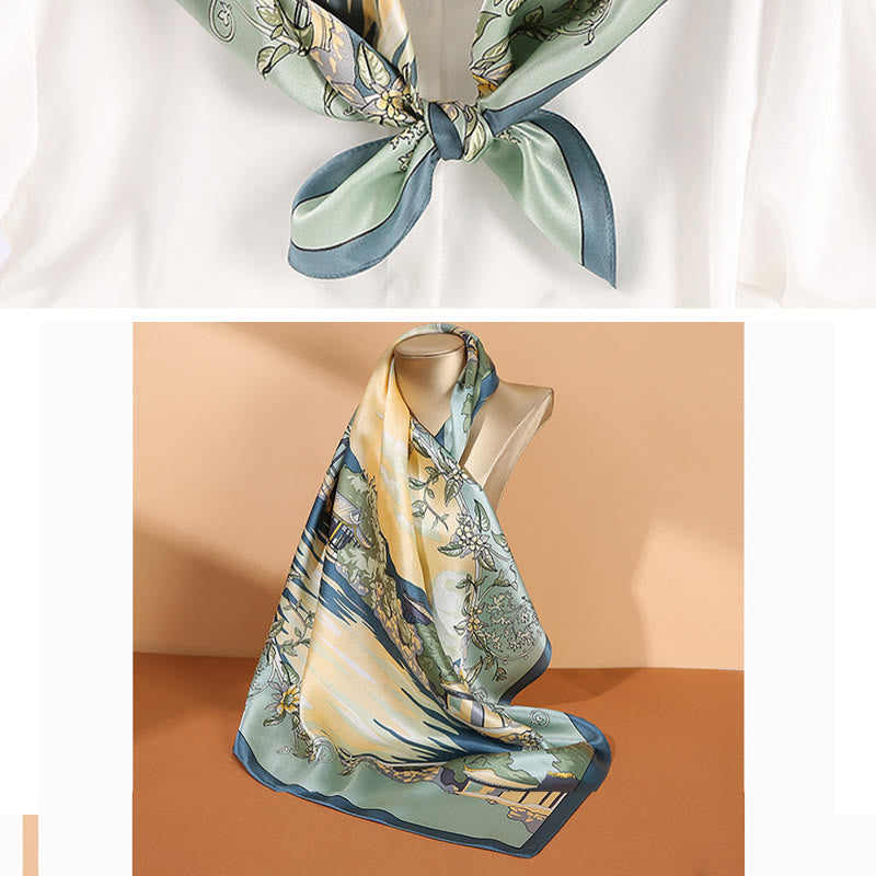 Pastoral Scene Hot Air Balloon Spring Blossom 100% Mulberry Silk Neck Hair Scarf