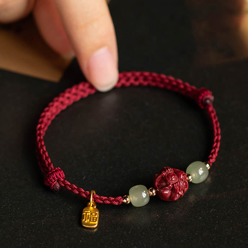 Handmade Cinnabar & Hetian Jade Sterling Silver Chinese Zodiac Fu Red String Bracelet