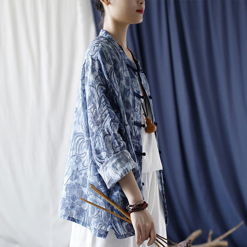 Ramie Linen Floral Stand Collar Meditation Jacket Shirt
