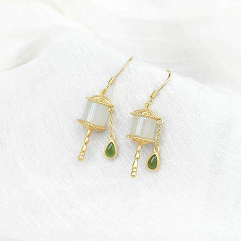 925 Sterling Silver Jade Prayer Wheel Luck Drop Earrings