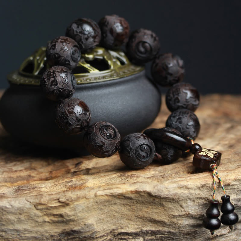 Ebony Wood Chinese Character Yin Yang Engraved Gourd Balance Bracelet
