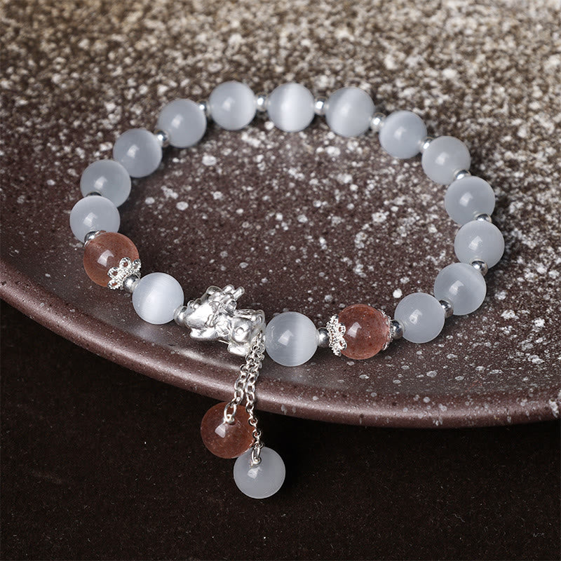 Natural Cat's Eye Moonstone Strawberry Quartz PiXiu Support Bracelet
