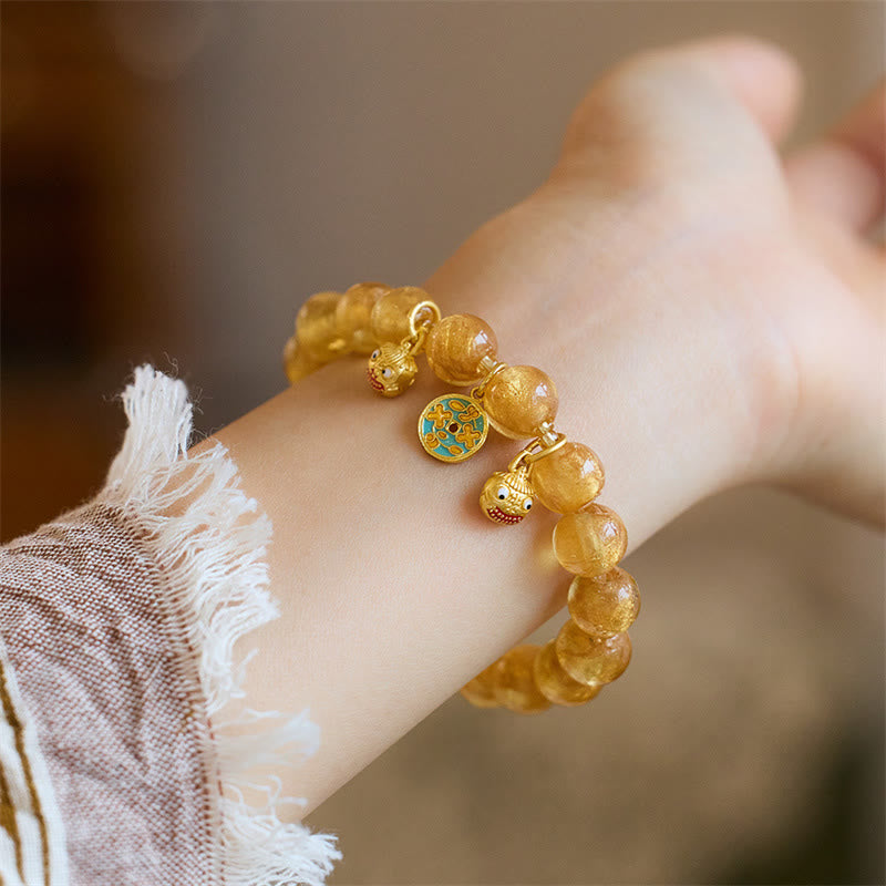 Gold Pixiu and Chinese Coin Liuli Glass Bead Energy Bracelet