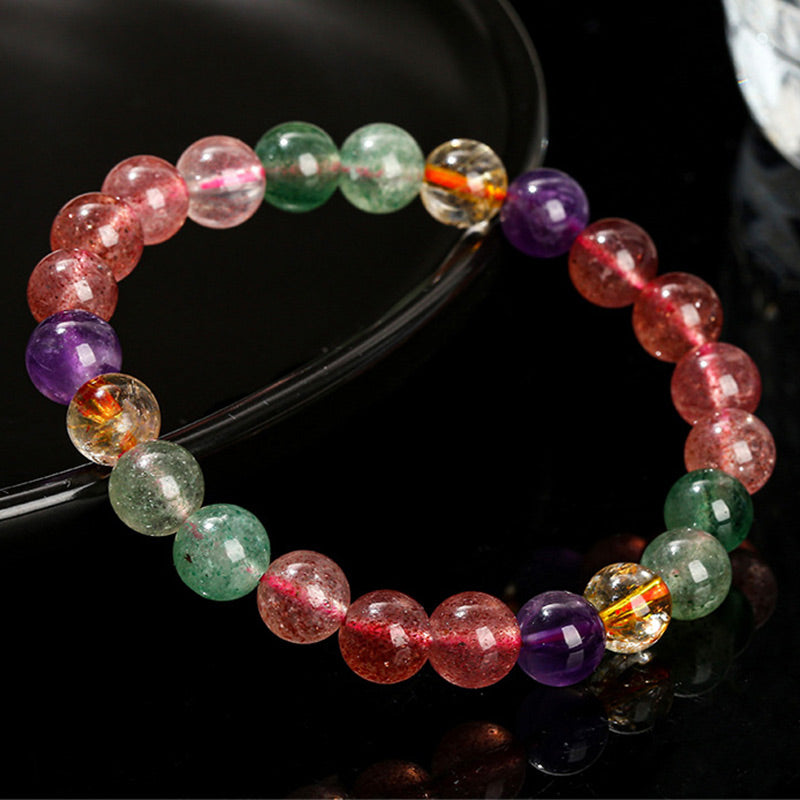 Natural Multicolored Strawberry Quartz Beaded Bracelet for Emotional Well-being