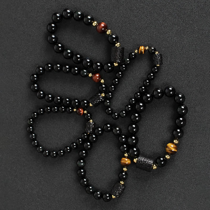 Ebony Wood & Black Obsidian Gold Sterling Silver Tiger Eye Beaded Couple Bracelet