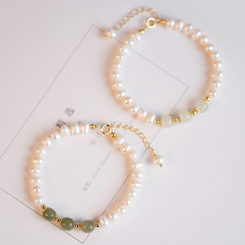 14K Gold Plated Natural Pearl & Hetian Jade Sincerity Bead Chain Bracelet