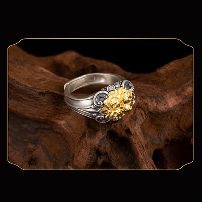 Adjustable 925 Sterling Silver Gold Kapala Tibetan Skull Ring