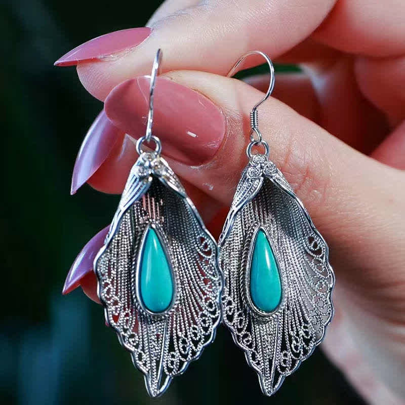 Bodhi Leaf Pattern 925 Sterling Silver Turquoise Dangle Drop Earrings