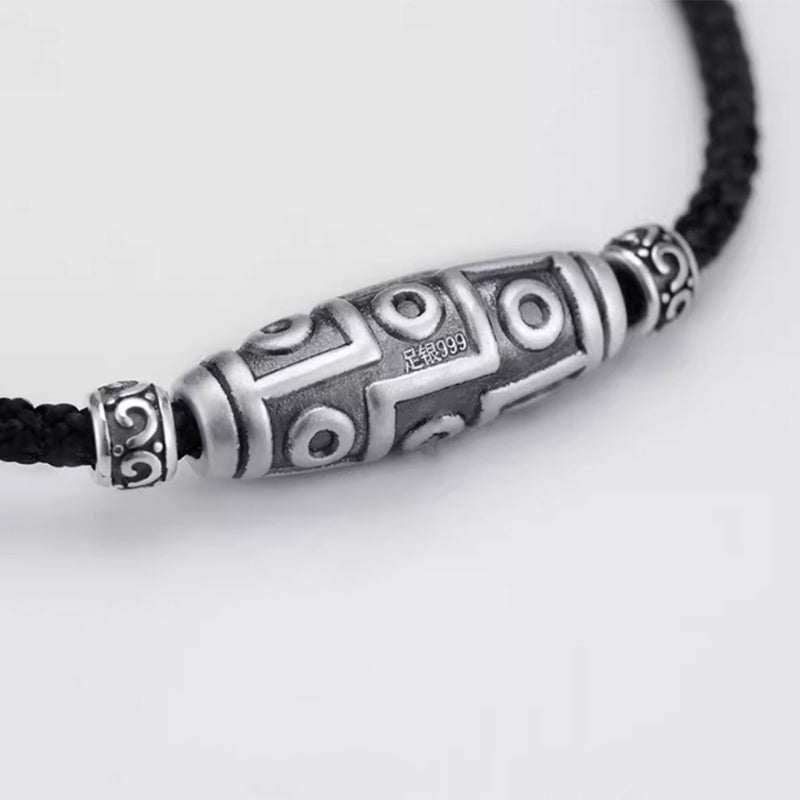 999 Sterling Silver Nine-Eye Dzi Bead Pattern Protection Rope Necklace Pendant