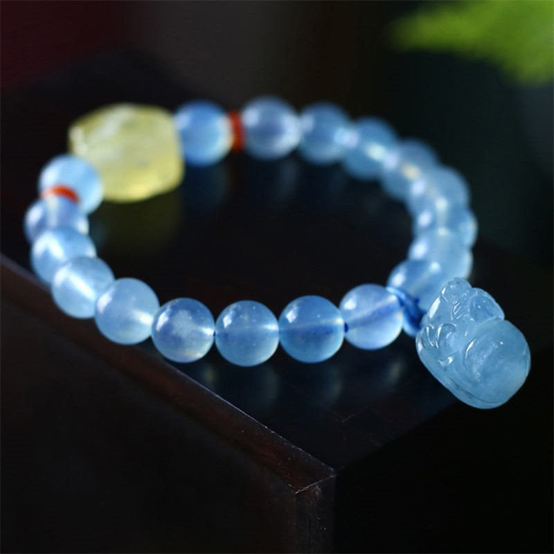 Natural Aquamarine, Amber, and Red Agate Pixiu Charm Bracelet