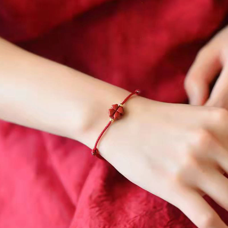 Handmade Cinnabar Four Leaf Clover Charm Red String Bracelet Anklet