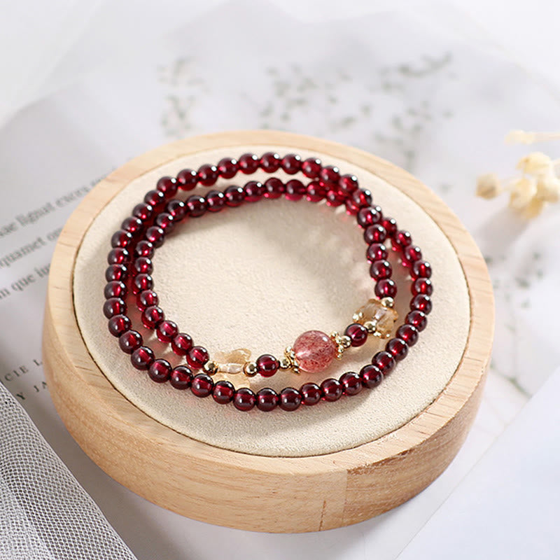 14K Gold Plated Natural Garnet Strawberry Quartz Butterfly Protection Double Wrap Bracelet