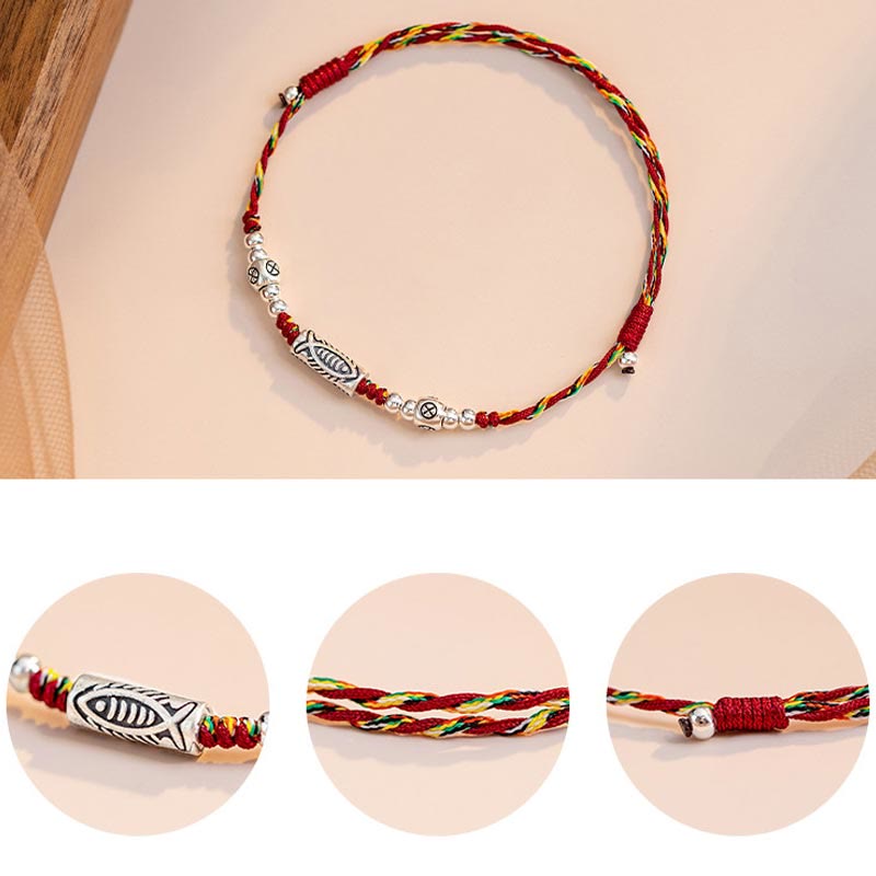 Braided Red String & 925 Sterling Silver Koi Fish Adjustable Bracelet Anklet