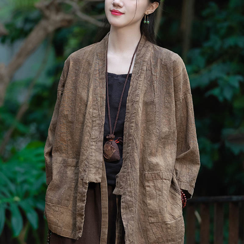 Hanfu Design Three Quarter Sleeve Ramie Linen Coat Open Front Top Jacket