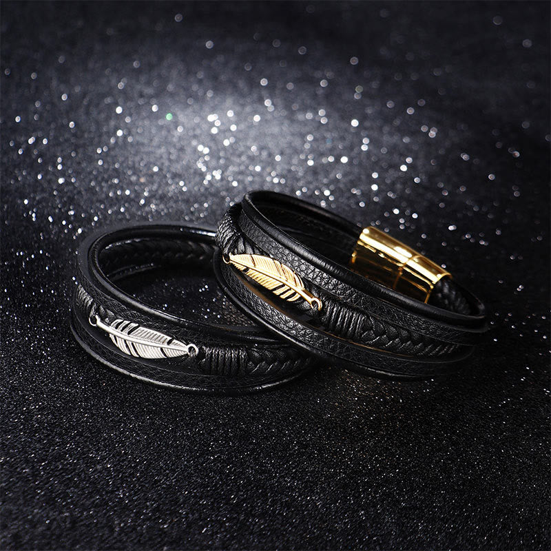 Feather Pattern Multilayer Leather Titanium Steel Calm Braided Magnetic Buckle Bracelet