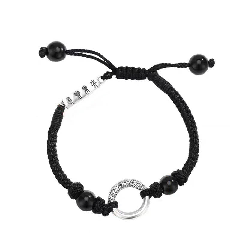 925 Sterling Silver Black Onyx Ping An Kou Peace Buckle Adjustable Bracelet