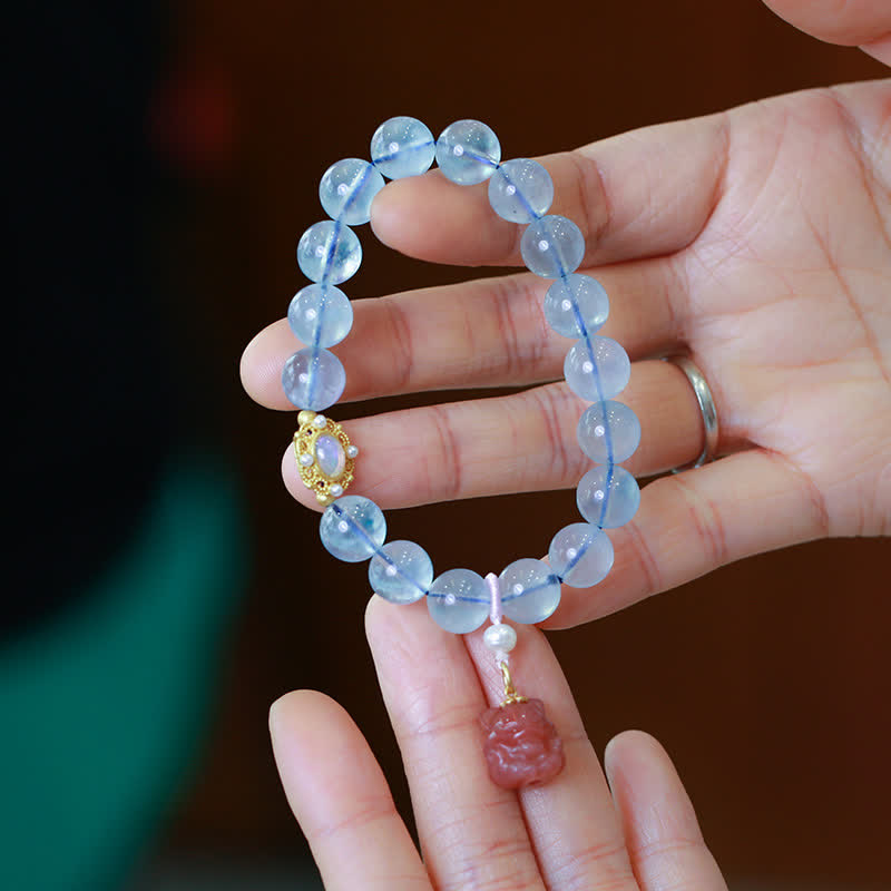Natural Aquamarine and Red Agate Beaded Bracelet with Sterling Silver, Gold, and Pearl