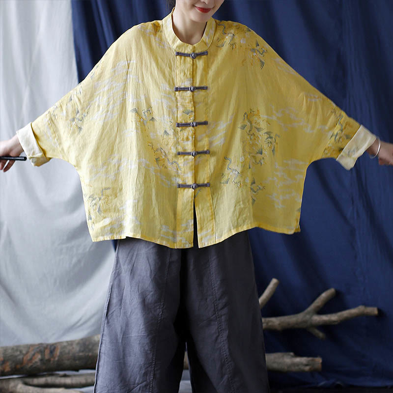 Yellow Phoenix Print Frog-button Design Long Sleeve Ramie Linen Jacket Shirt