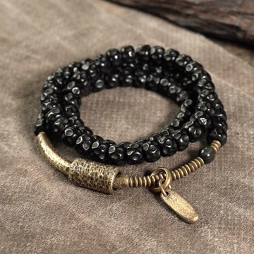 Retro Coconut Shell with Brass and Copper Accents Triple Wrap Bracelet