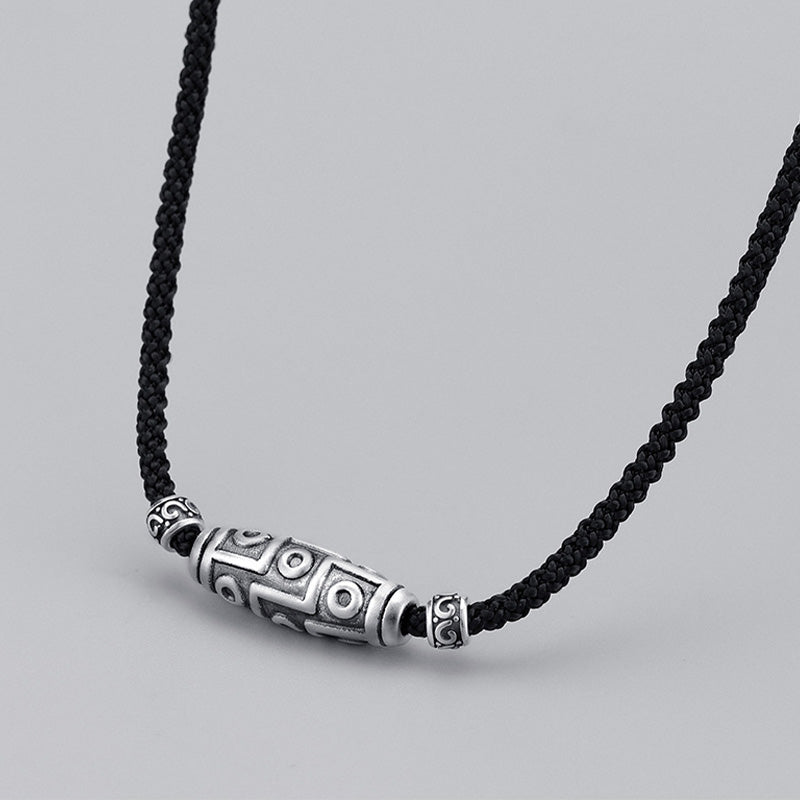 999 Sterling Silver Nine-Eye Dzi Bead Pattern Protection Rope Necklace Pendant