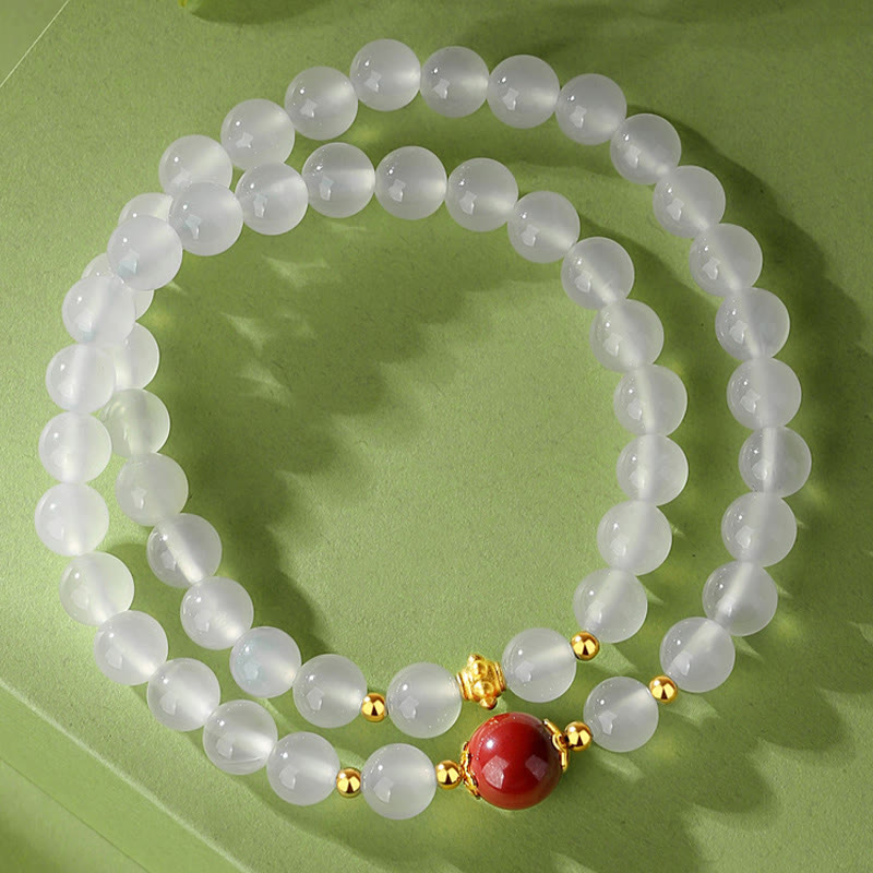 Natural White Agate and Cinnabar 925 Sterling Silver Double Wrap Bracelet