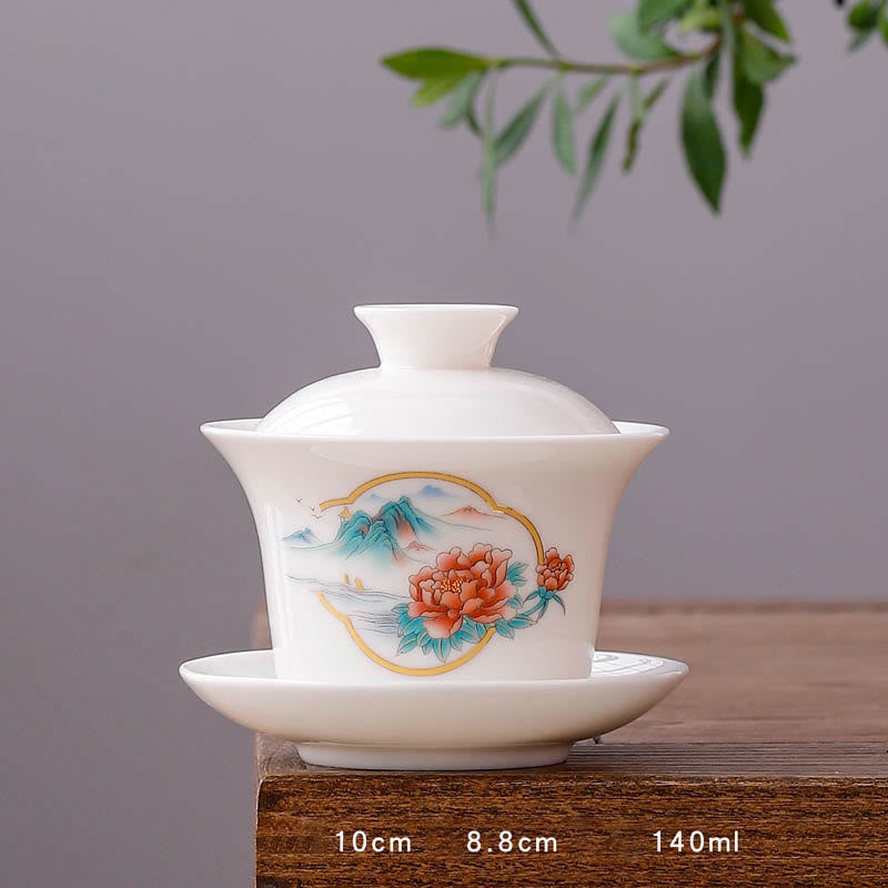 White Porcelain Mountain Landscape Countryside Ceramic Gaiwan Teacup Kung Fu Tea Cup And Saucer With Lid