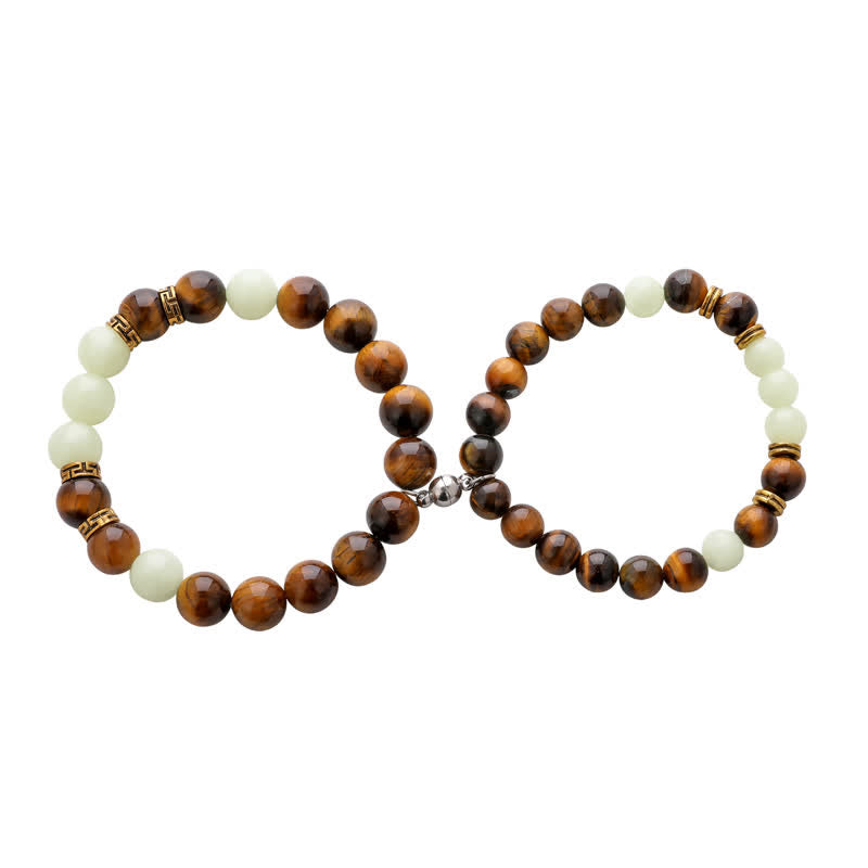 Luminous Tiger Eye and Glowstone Beaded Couple Bracelet Set