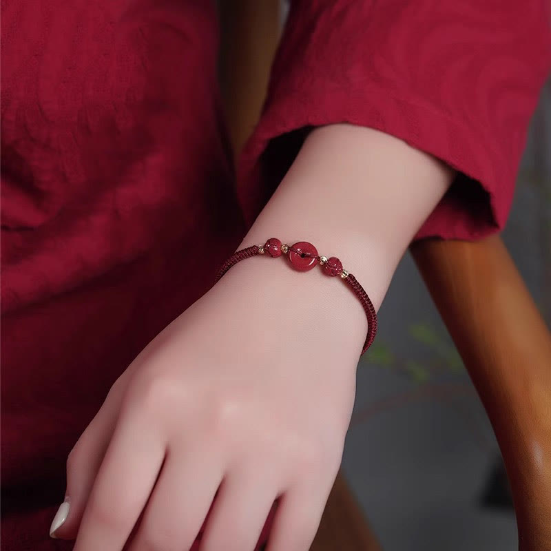 Handmade Cinnabar Peace Buckle Lotus Calm Blessing Braided Rope Bracelet