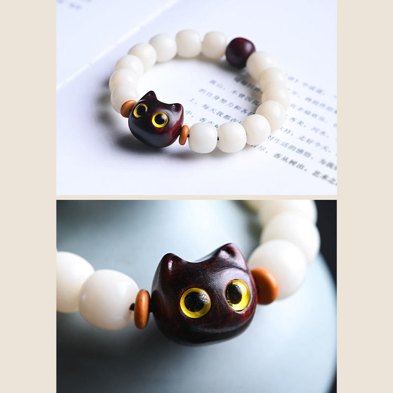 Natural Bodhi Seed Small Leaf Red Sandalwood Ebony Wood Cute Lucky Cat Wisdom Bracelet