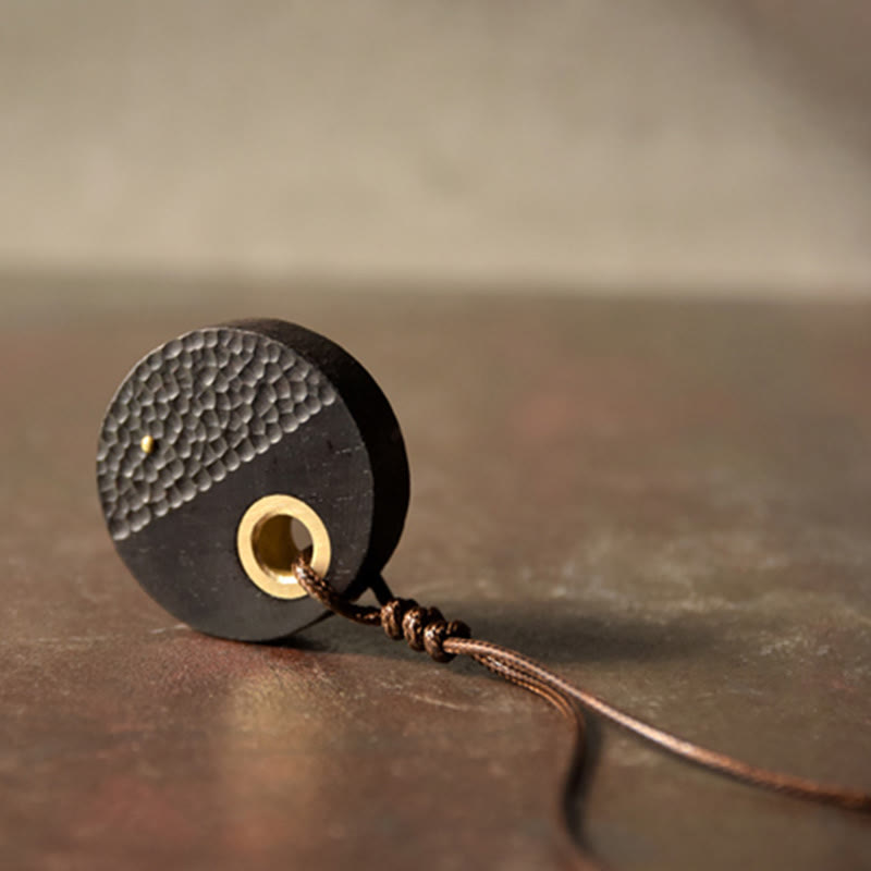 Handcrafted Round Ebony Wood Brass Copper Peace Necklace Pendant