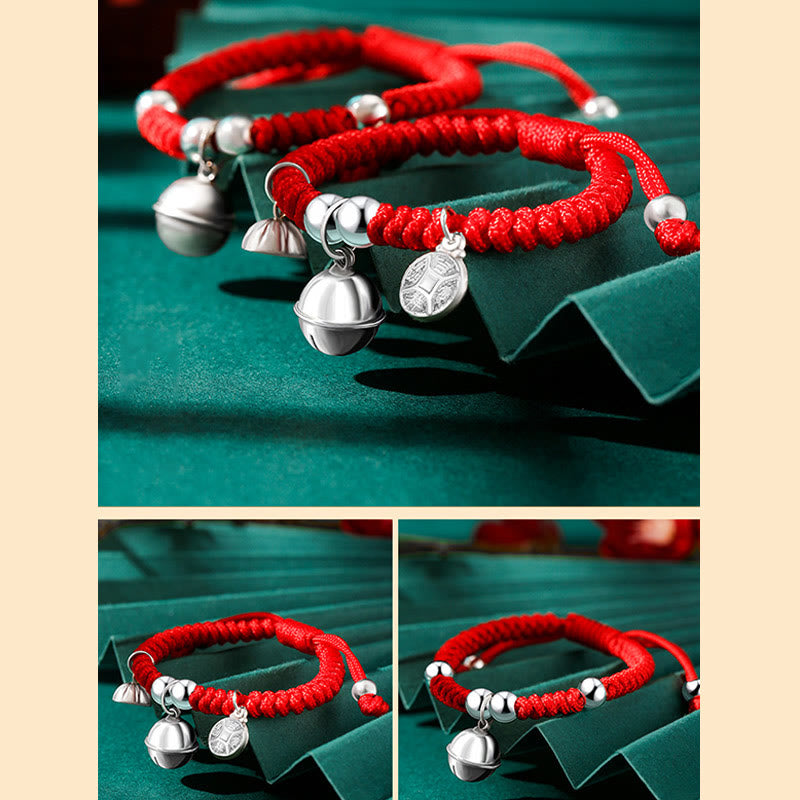 925 Sterling Silver Handmade Fu Character Lucky Money Bag Chinese Lock Charm Bell Lotus Copper Coin King Kong Knot Braided Kids Bracelet