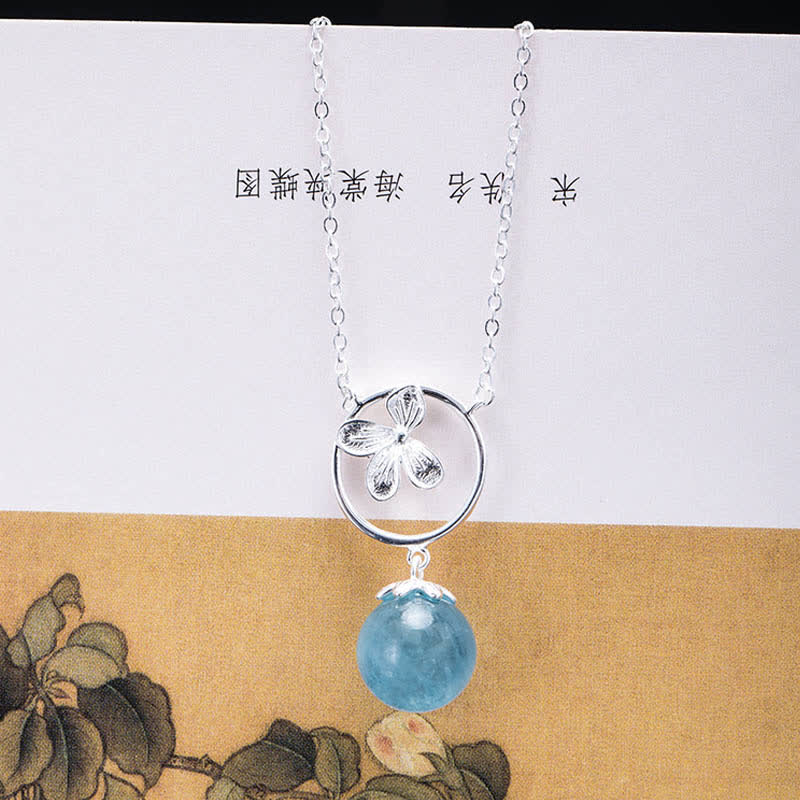 925 Sterling Silver Natural Aquamarine Leaf Flower Peace Earrings Necklace