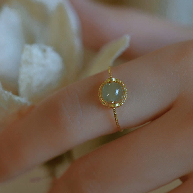 Minimalist 14K Gold Plated Copper Round Jade Adjustable Ring