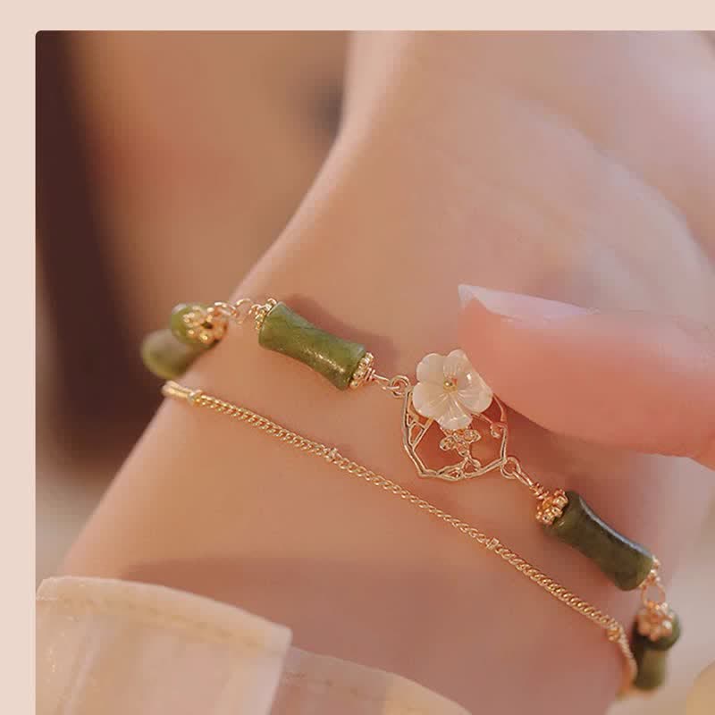 14k Gold Plated Peridot and Tridacna Bamboo Flower Double Layer Copper Bracelet