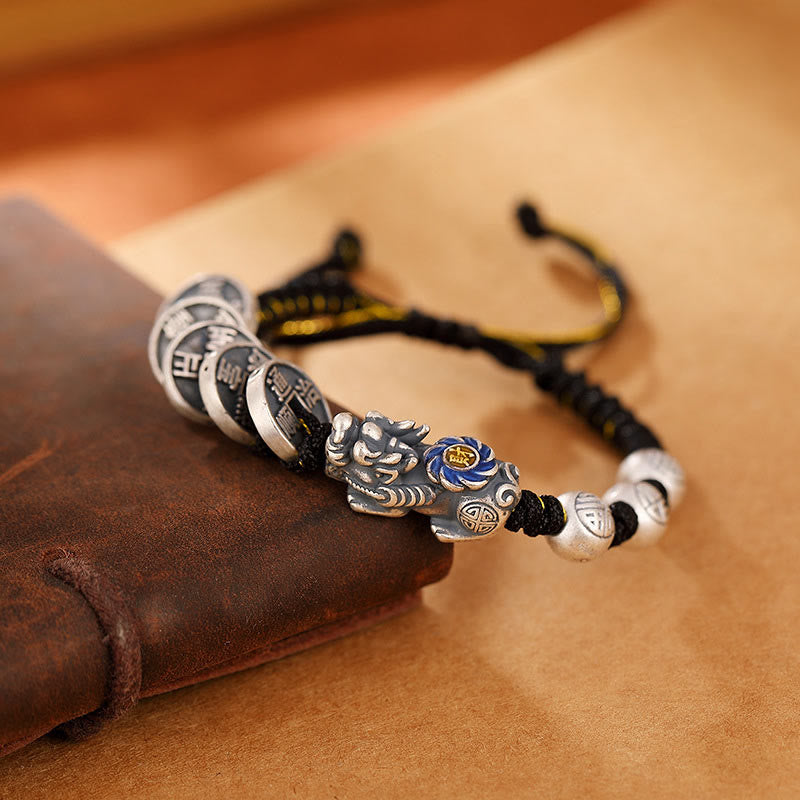 Handmade 999 Fine Silver Pixiu and Copper Coin Fu Character Braided Bracelet