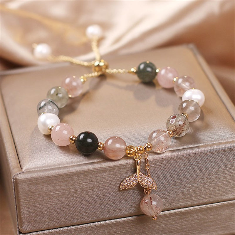 Crystalline Quartz & Copper Fishtail Charm Adjustable Energy Bracelet