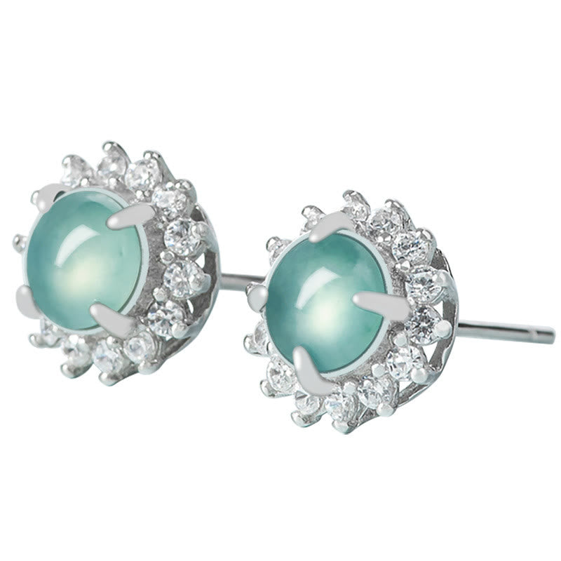 925 Sterling Silver Round Jade Luck Abundance Stud Earrings