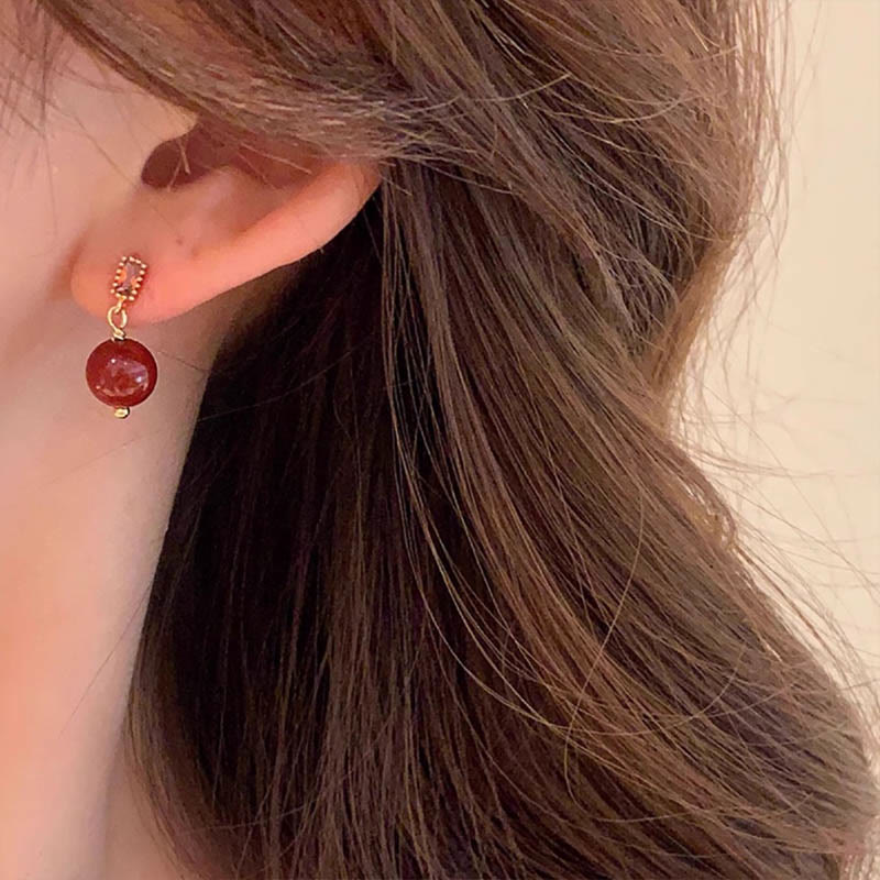 925 Sterling Silver Posts 14K Gold Filled Cinnabar Bead Zircon Calm Earrings