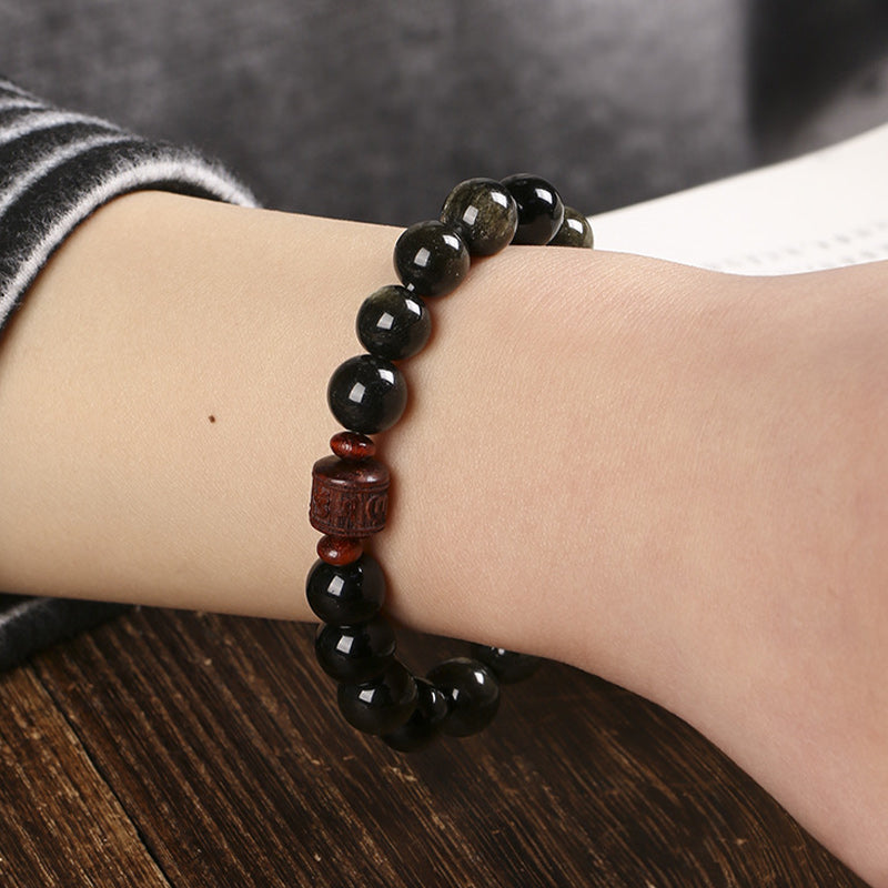 Natural Gold Sheen Obsidian Rainbow Obsidian Om Mani Padme Hum Fu Character Healing Bracelet