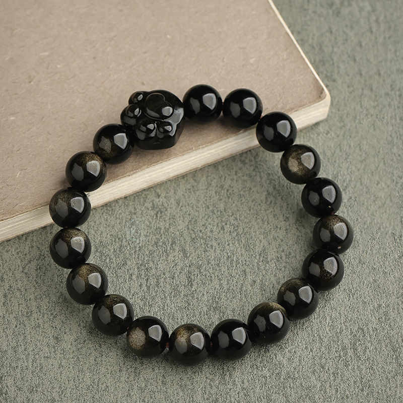 Handmade Gold & Silver Sheen Obsidian Feline Motif Beaded Bracelet