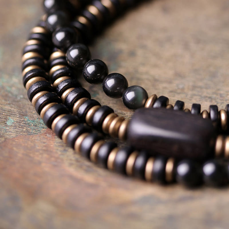 Rainbow Obsidian Ebony Wood Copper Healing Triple Wrap Bracelet