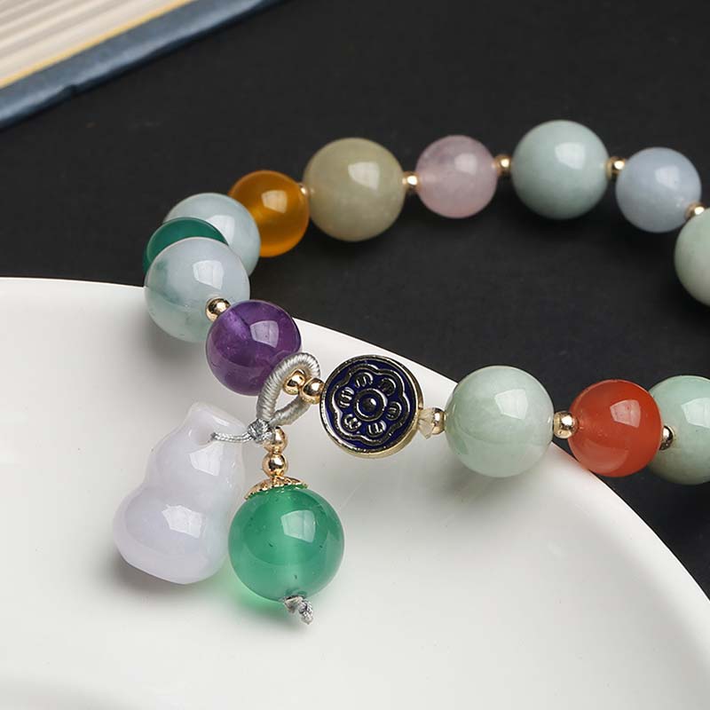 Multi-Gemstone Wu Lou Gourd 10mm Beaded Bracelet with Jade, Rose Quartz, Citrine & Amethyst