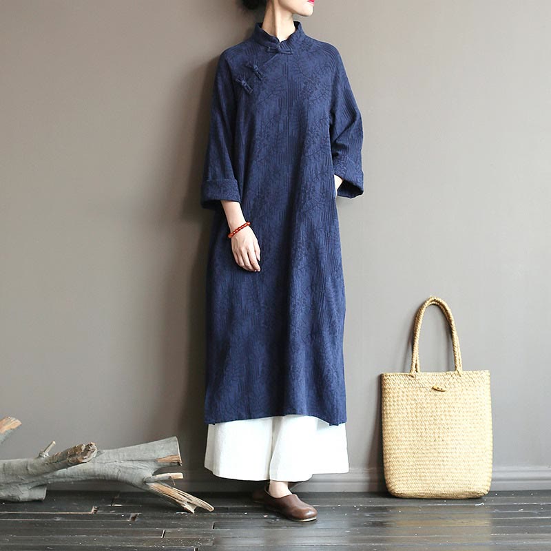 Flower Jacquard Midi Dress Long Sleeve Cotton Linen Dress Wide Leg Pants With Pockets