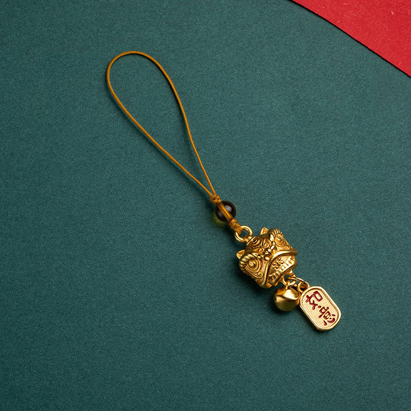 Dancing Guardian Lion Brass Copper Phone Charm with Ping An Kou & Ruyi Symbols
