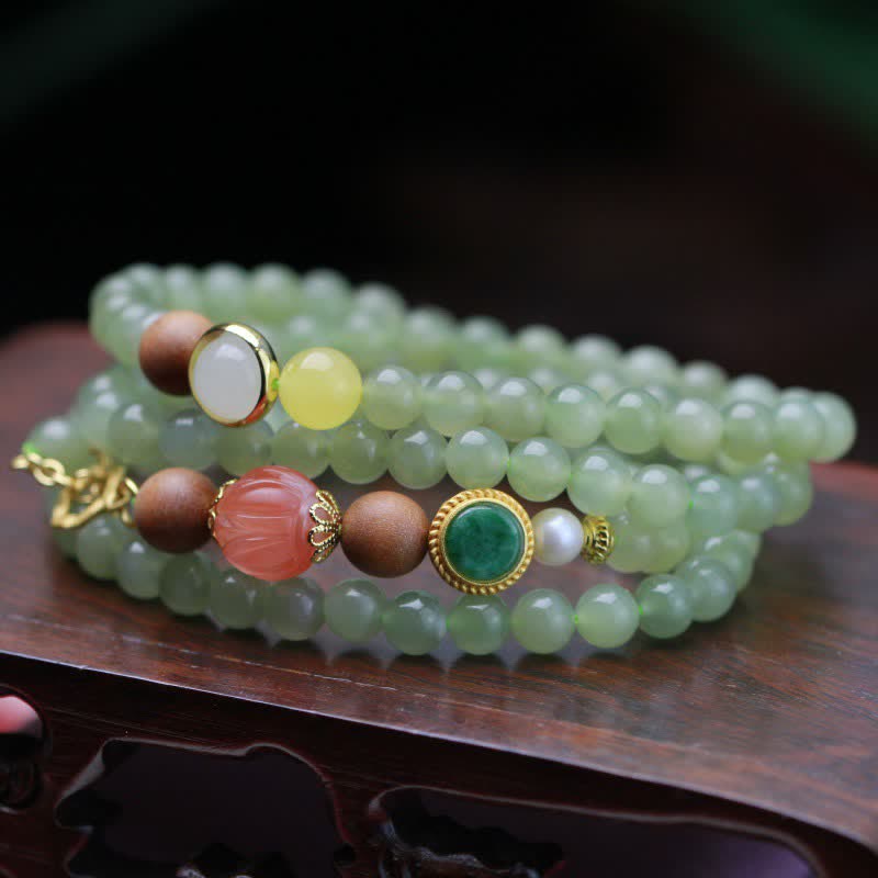 Natural Hetian Jade and Amber Lotus Beaded Red Agate Energy Bracelet