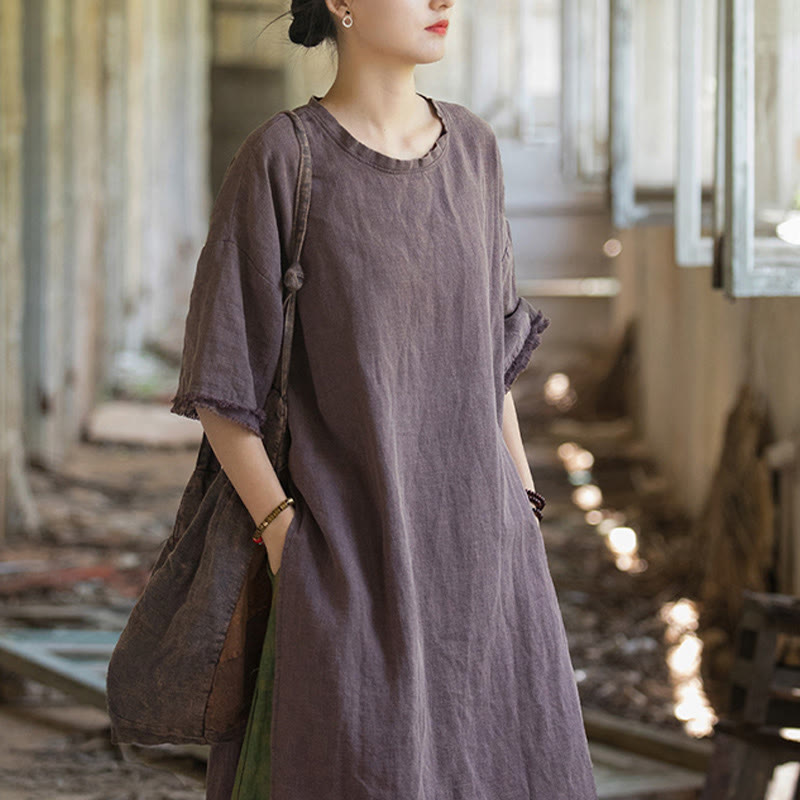 Mid Length Dress Ramie Linen Half Sleeve Split Hem Top T-Shirt