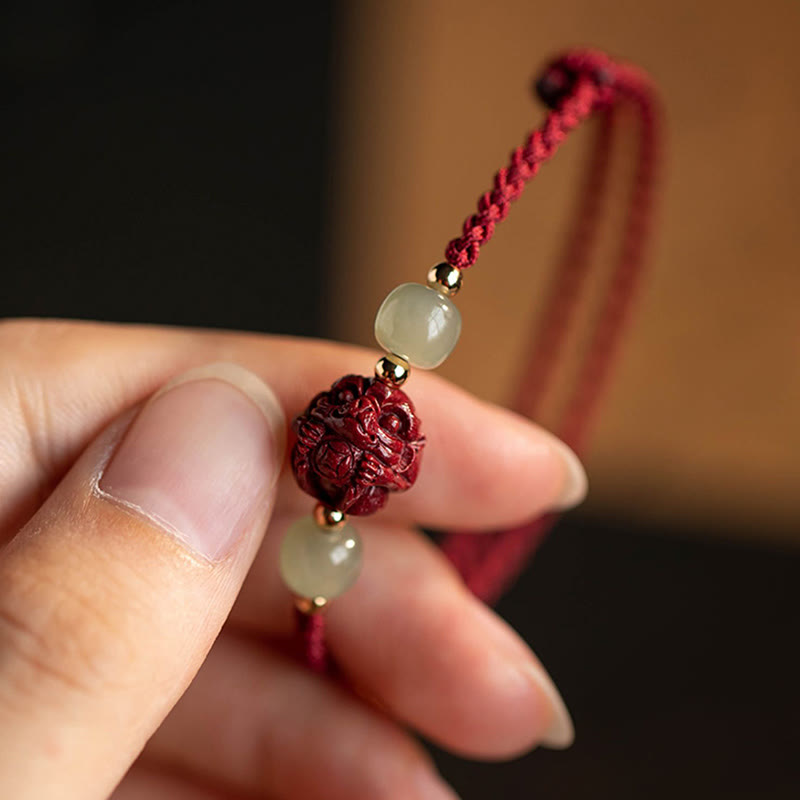 Handmade Cinnabar & Hetian Jade Sterling Silver Chinese Zodiac Fu Red String Bracelet